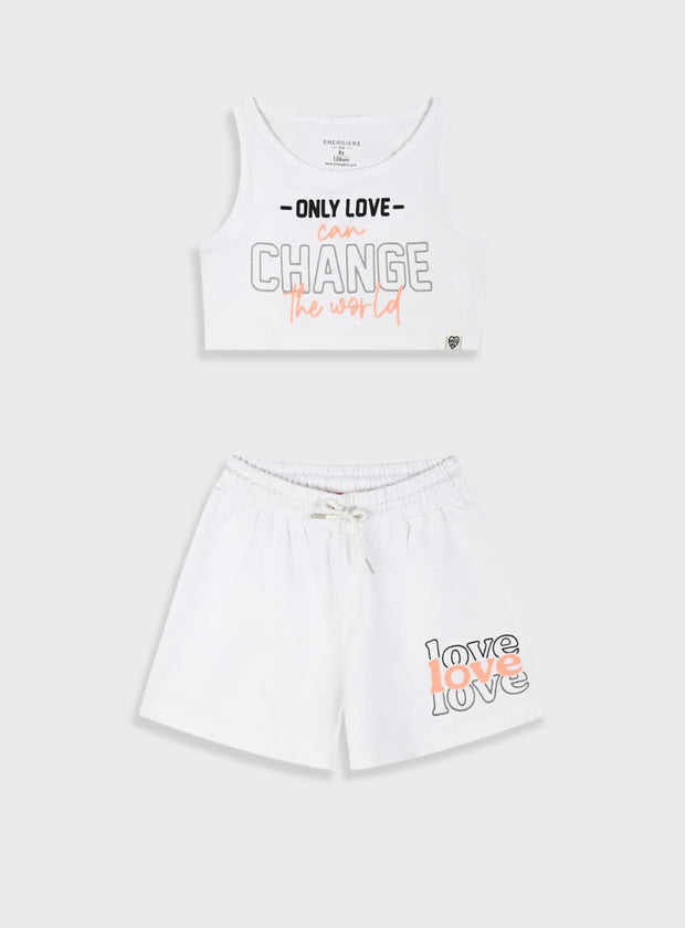 Σετ Energiers για κορίτσια με λευκή ή μαύρη cropped μπλούζα και σορτς με μήνυμα Only Love Can Change The World