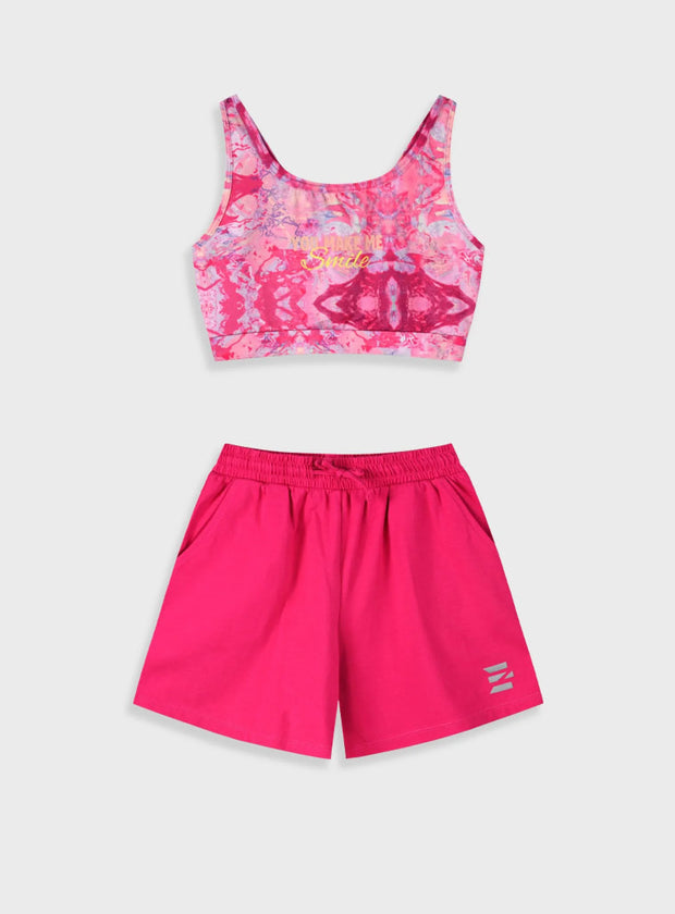 Κοριτσίστικο σετ Energiers με ροζ αθλητικό μπουστάκι tie-dye και φούξια σορτς