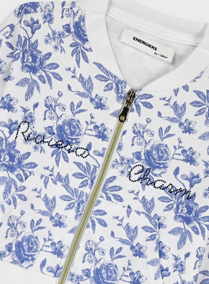 Energiers παιδικό crop jacket λευκό με σιέλ φλοράλ σχέδιο και μπροστινό φερμουάρ