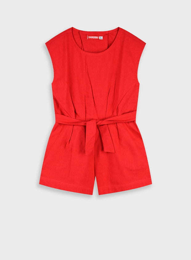 Energiers παιδική ολόσωμη φόρμα σορτς κόκκινη με ζώνη στη μέση και αμάνικο σχέδιο