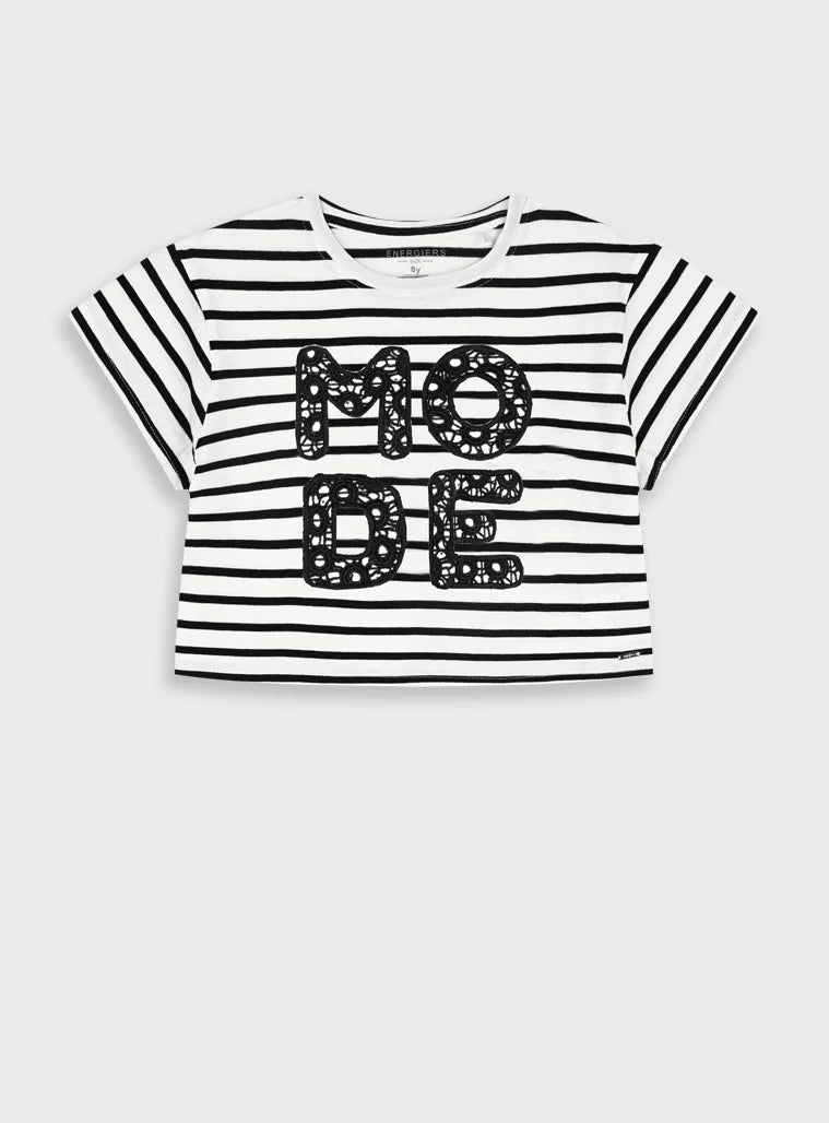 παιδικό crop top Energiers ριγέ λευκό μαύρο με κέντημα MODE 100% βαμβάκι
