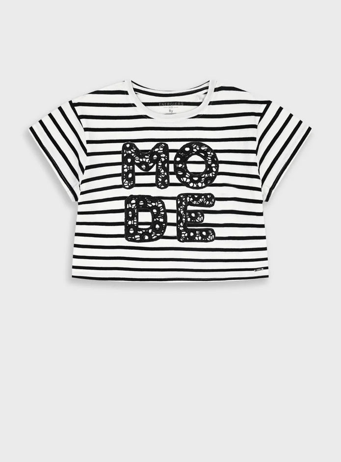 παιδικό crop top Energiers ριγέ λευκό μαύρο με κέντημα MODE 100% βαμβάκι