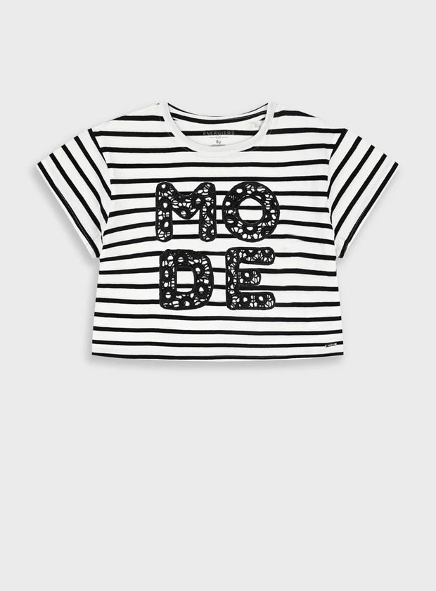 παιδικό crop top Energiers ριγέ λευκό μαύρο με κέντημα MODE 100% βαμβάκι
