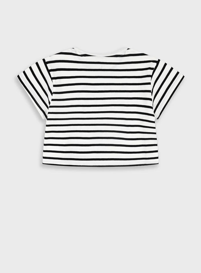 παιδικό crop top Energiers ριγέ λευκό μαύρο με κέντημα MODE 100% βαμβάκι