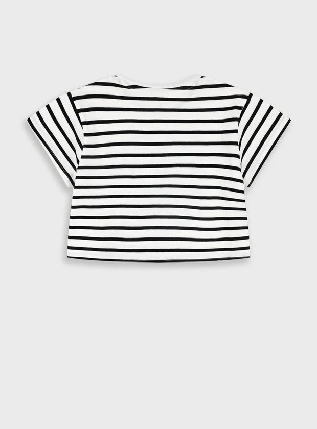 παιδικό crop top Energiers ριγέ λευκό μαύρο με κέντημα MODE 100% βαμβάκι