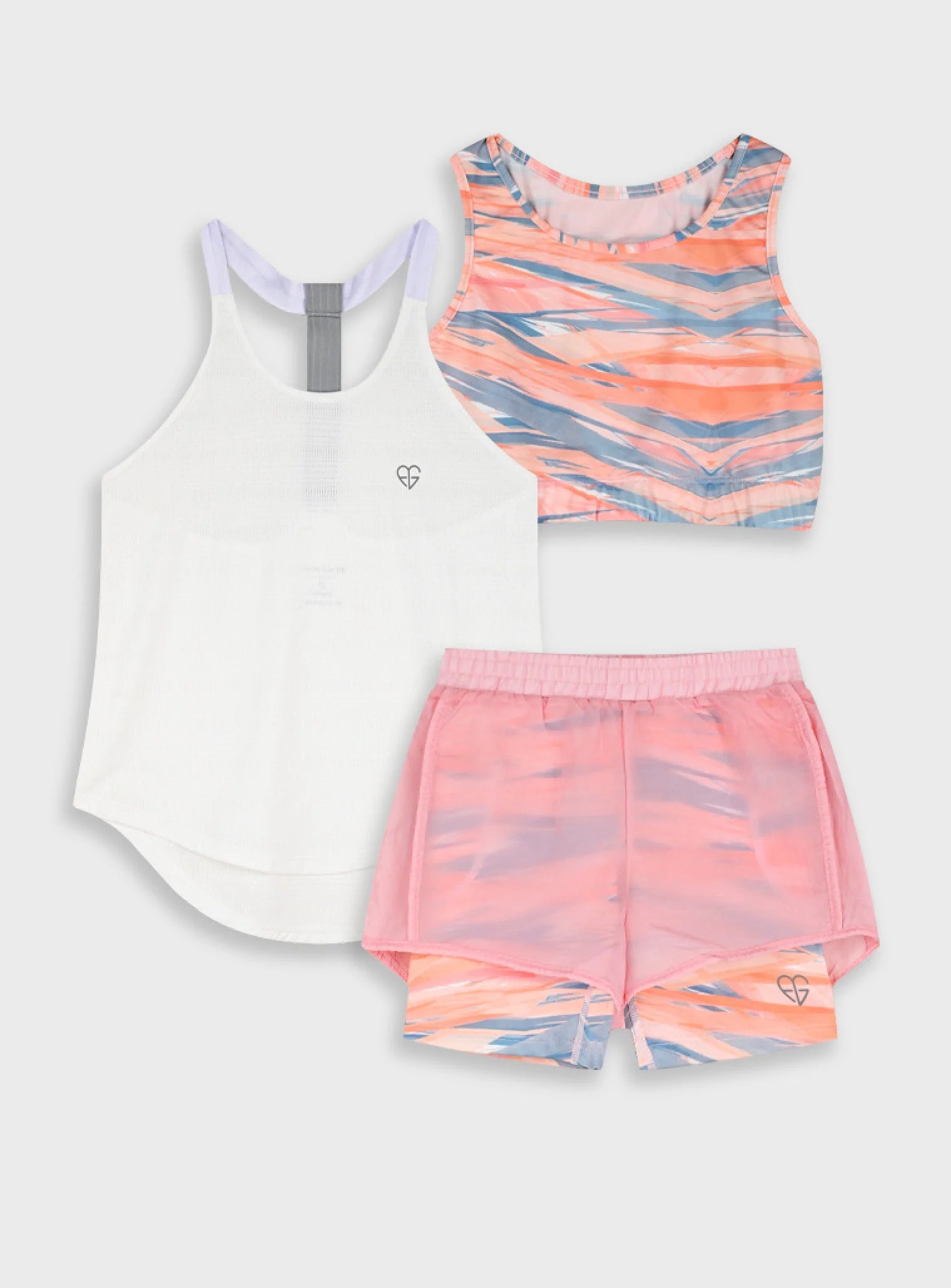 Energiers παιδικό αθλητικό σετ 3 τεμαχίων με ροζ κοραλί μπουστάκι και διπλό σορτσάκι