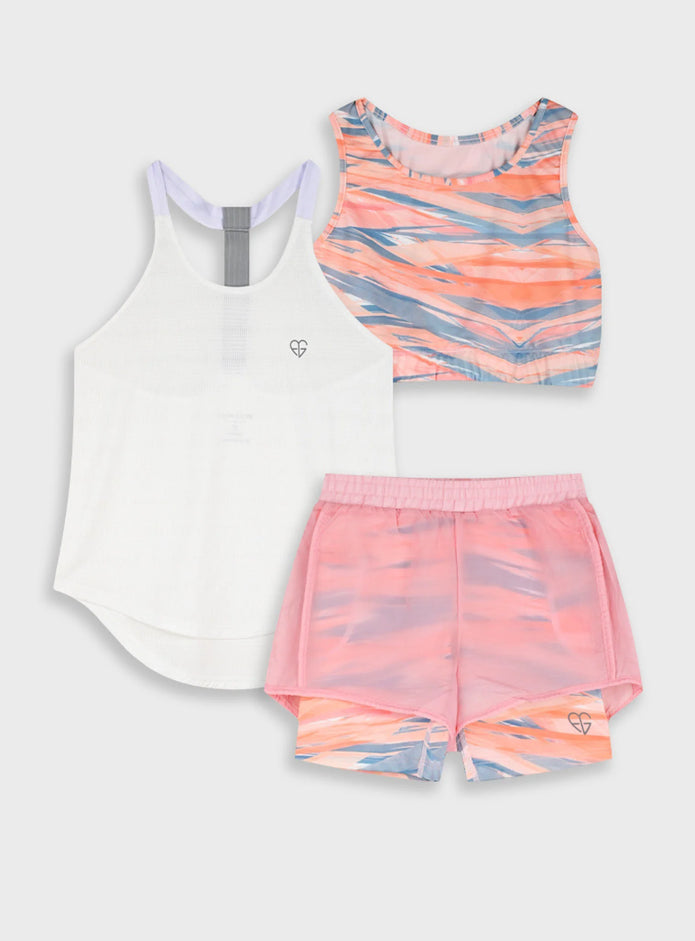 Energiers παιδικό αθλητικό σετ 3 τεμαχίων με ροζ κοραλί μπουστάκι και διπλό σορτσάκι