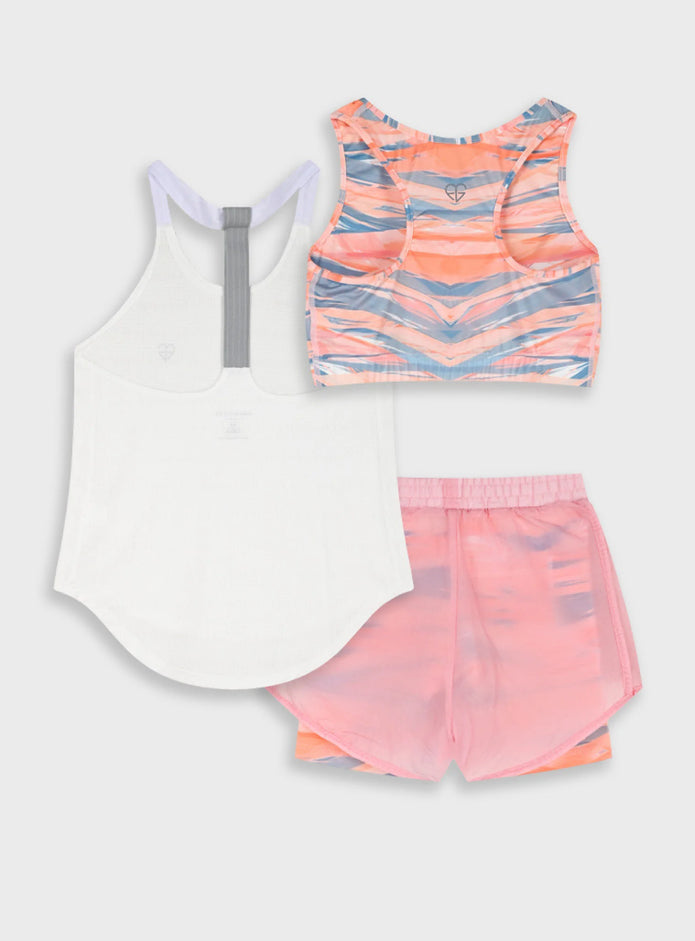 Energiers παιδικό αθλητικό σετ 3 τεμαχίων με ροζ κοραλί μπουστάκι και διπλό σορτσάκι