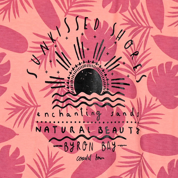 Σετ Energiers για κορίτσι με κοραλλί αμάνικη μπλούζα με τροπικό μοτίβο και μαύρο κάπρι κολάν

