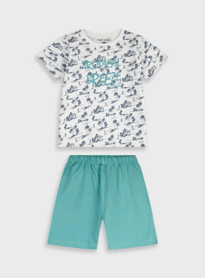 Energiers παιδική βαμβακερή πιτζάμα Tropical Breeze με τροπικό print και τιρκουάζ σορτσάκι