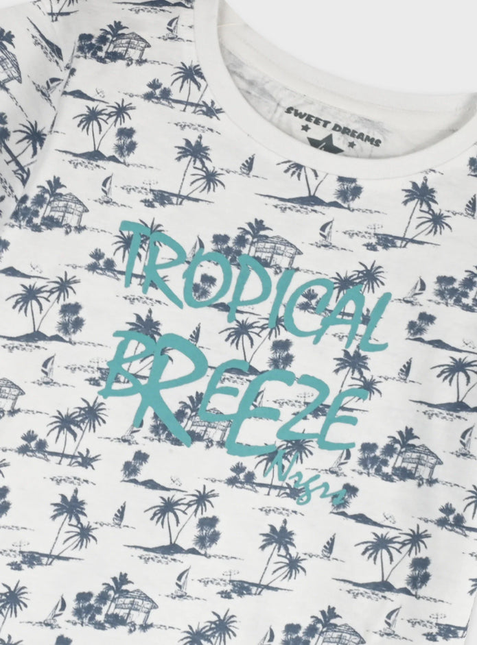 Energiers παιδική βαμβακερή πιτζάμα Tropical Breeze με τροπικό print και τιρκουάζ σορτσάκι