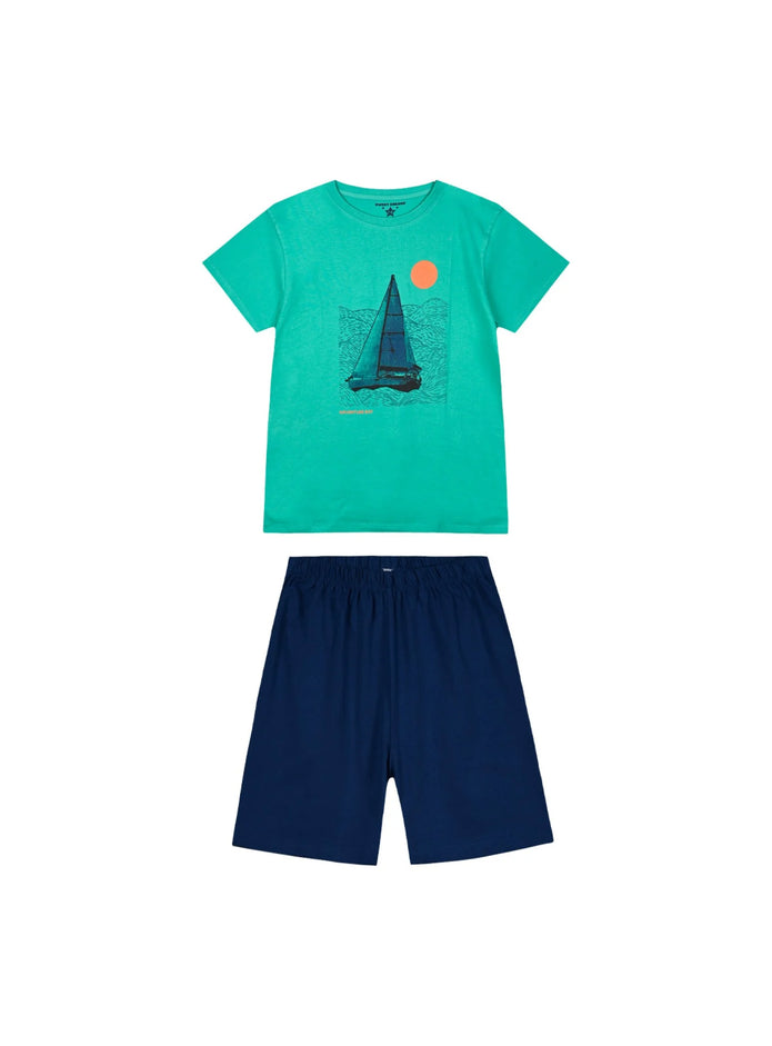 Παιδική πυτζάμα Energiers αγόρι πράσινη Adventure Boy με μπλε σορτσάκι