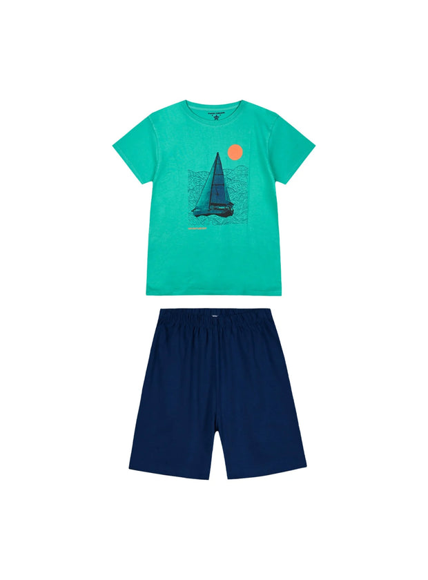 Παιδική πυτζάμα Energiers αγόρι πράσινη Adventure Boy με μπλε σορτσάκι