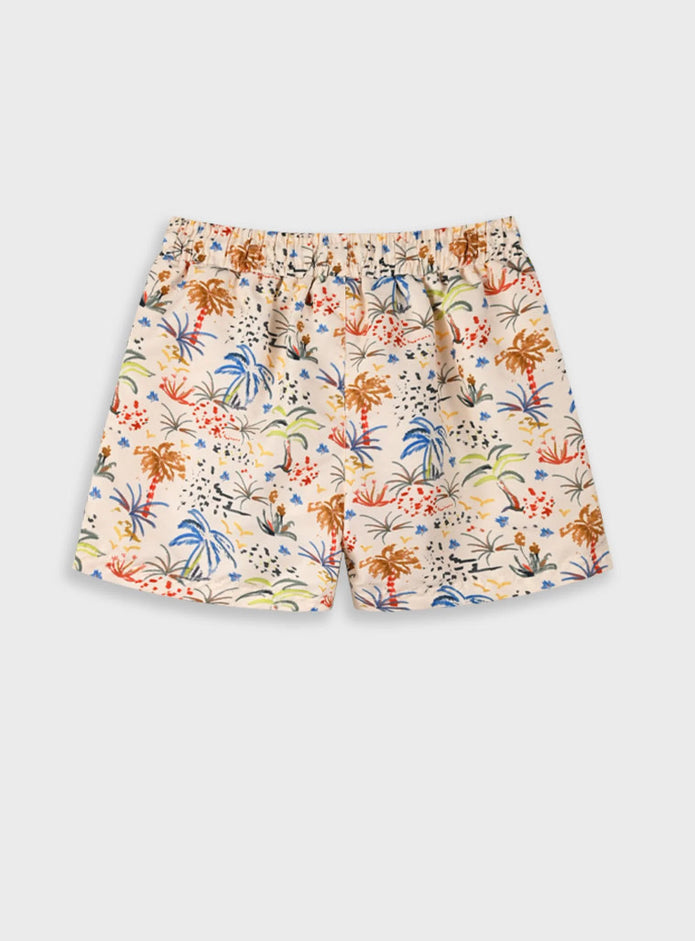 Παιδικό μαγιό σορτς Energiers για αγόρια με εμπριμέ τροπικό σχέδιο, φοίνικες και χρωματιστές λεπτομέρειες σε μπεζ φόντο.
