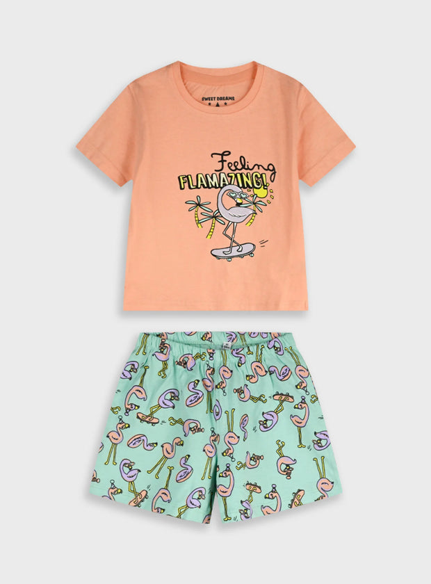 Energiers παιδική πιτζάμα 100% βαμβάκι Feeling FlamaZing με φλαμίνγκο και μέντα σορτσάκι