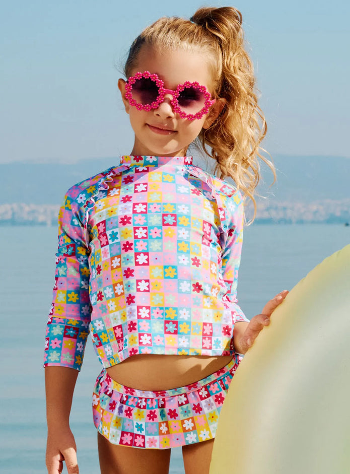 Παιδικό μαγιό Energiers με μακρυμάνικη μπλούζα UV και σλιπ με βολάν σε πολύχρωμο λουλουδάτο print