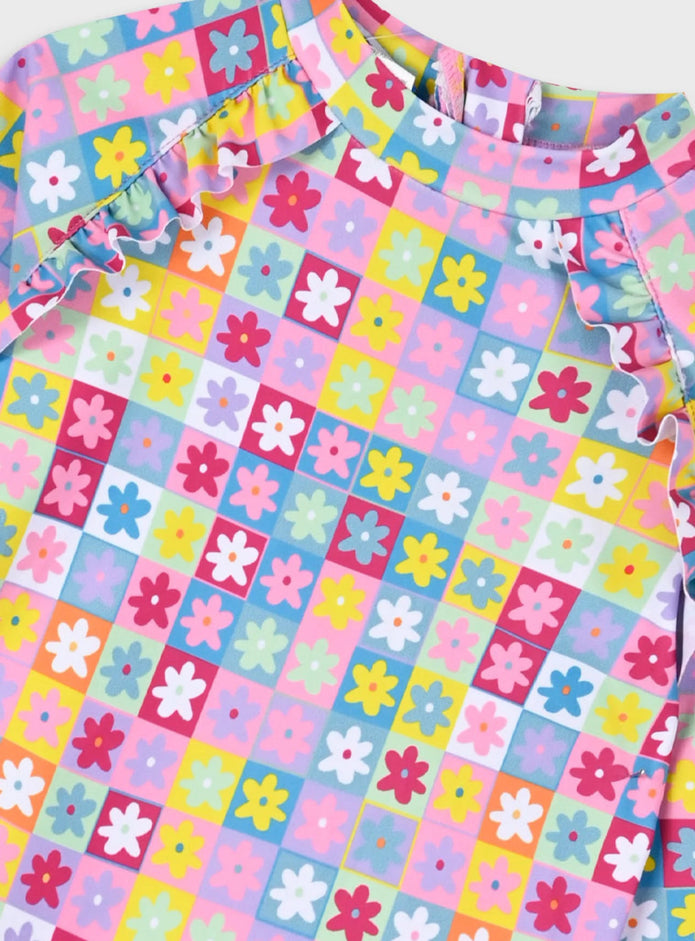 Παιδικό μαγιό Energiers με μακρυμάνικη μπλούζα UV και σλιπ με βολάν σε πολύχρωμο λουλουδάτο print