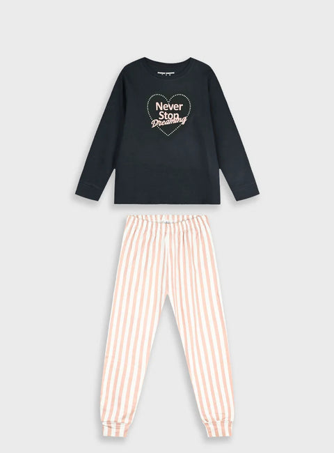 Παιδική πιτζάμα κοριτσιών σετ με μαύρη μπλούζα "Never Stop Dreaming" και ριγέ παντελόνι.