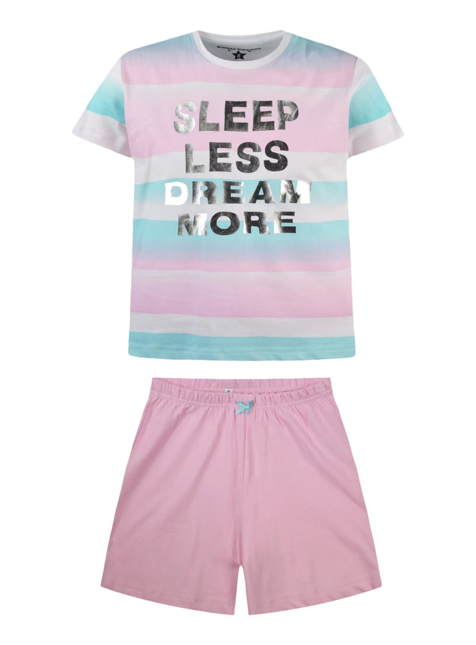 Energiers παιδική καλοκαιρινή πιτζάμα ριγέ Sleep Less Dream More με ροζ σορτσάκι