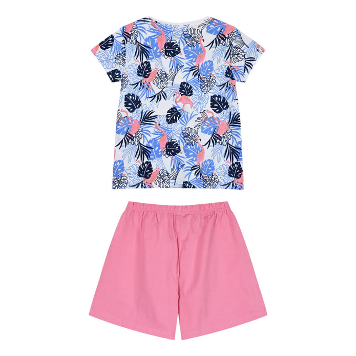 Κοριτσίστικη παιδική πιτζάμα με εμπριμέ μπλουζάκι σε σχέδιο φλαμίνγκο και τροπικά φύλλα, συνδυασμένο με ροζ σορτσάκι, ιδανική για άνετο και χαρούμενο ύπνο