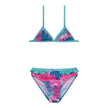 Παιδικό μπικίνι με τροπικό μοτίβο φύλλων σε φούξια, τιρκουάζ και μωβ αποχρώσεις, με βολάν στο κάτω μέρος και ρυθμιζόμενο πάνω μέρος.