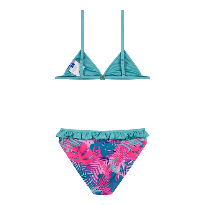 Παιδικό μπικίνι με τροπικό μοτίβο φύλλων σε φούξια, τιρκουάζ και μωβ αποχρώσεις, με βολάν στο κάτω μέρος και ρυθμιζόμενο πάνω μέρος.