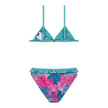 Παιδικό μπικίνι με τροπικό μοτίβο φύλλων σε φούξια, τιρκουάζ και μωβ αποχρώσεις, με βολάν στο κάτω μέρος και ρυθμιζόμενο πάνω μέρος.