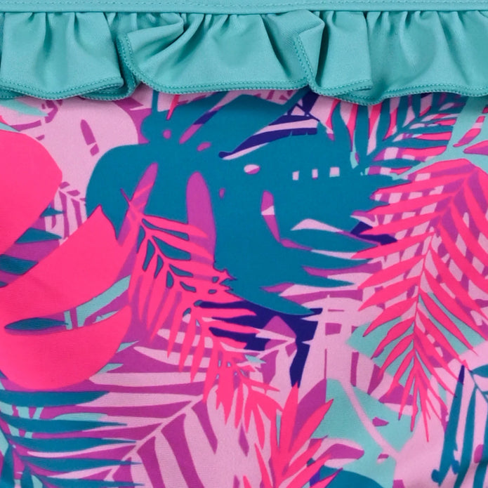 Παιδικό μπικίνι με τροπικό μοτίβο φύλλων σε φούξια, τιρκουάζ και μωβ αποχρώσεις, με βολάν στο κάτω μέρος και ρυθμιζόμενο πάνω μέρος.
