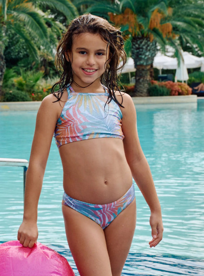 Παιδικό μπικίνι Energiers με πολύχρωμα τροπικά φύλλα και glitter παγιέτες