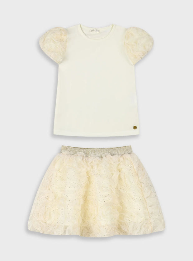 Κοριτσίστικο σετ με εκρού μπλούζα με φουσκωτά glitter μανίκια και ασορτί τούλινη φούστα με λάμψη