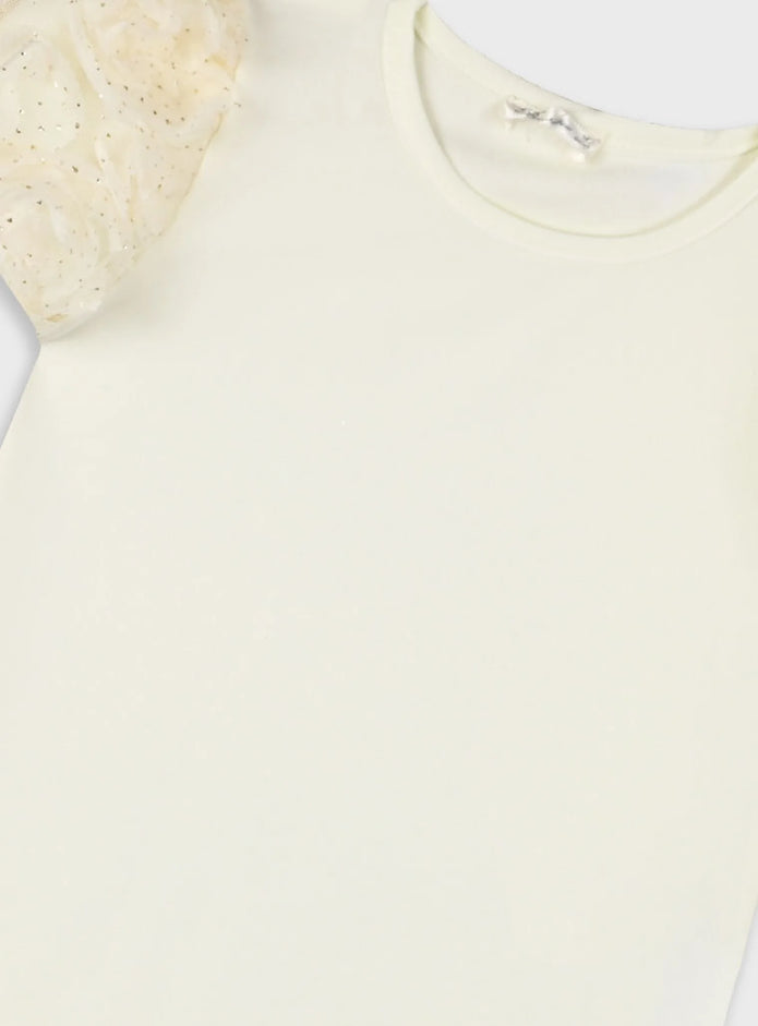 Κοριτσίστικο σετ με εκρού μπλούζα με φουσκωτά glitter μανίκια και ασορτί τούλινη φούστα με λάμψη