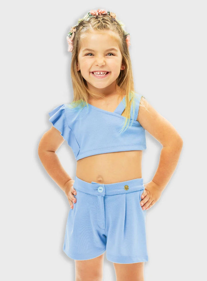 Γαλάζιο παιδικό σετ Energiers crop top έναν ώμο και σορτσάκι για κορίτσι

