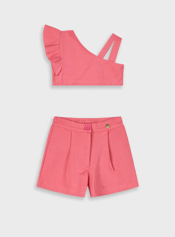 Ροζ παιδικό σετ Energiers με crop top έναν ώμο και σορτσάκι για κορίτσια

