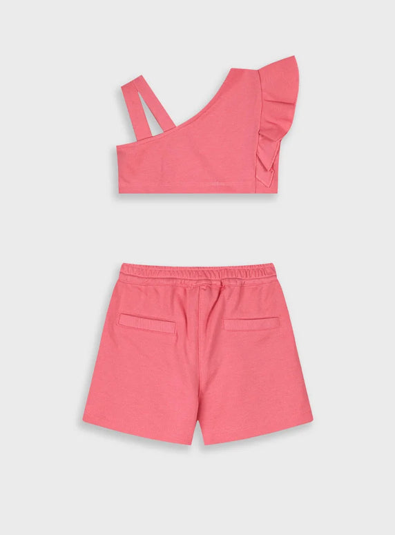 Ροζ παιδικό σετ Energiers με crop top έναν ώμο και σορτσάκι για κορίτσια

