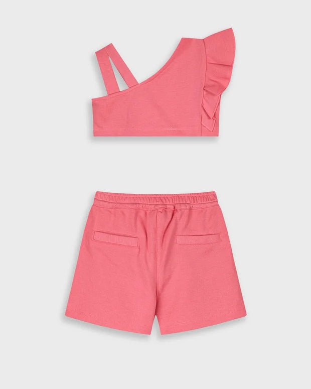 Ροζ παιδικό σετ Energiers με crop top έναν ώμο και σορτσάκι για κορίτσια

