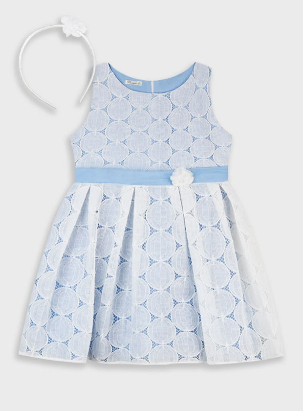 Παιδικό καλοκαιρινό φόρεμα δαντέλα μπλε και λευκό με ζώνη και λουλούδι