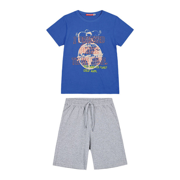 Σετ μπλε μπλουζάκι με τύπωμα και γκρι σορτς για αγόρια, ιδανικό για καλοκαιρινές εξορμήσεις.