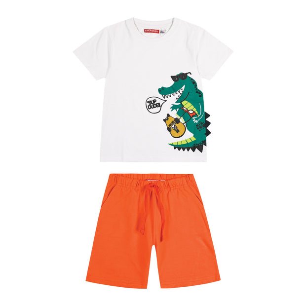  Ολοκληρωμένο σετ με μπλούζα κροκόδειλο "Sup Dude" και πορτοκαλί σορτσάκι.