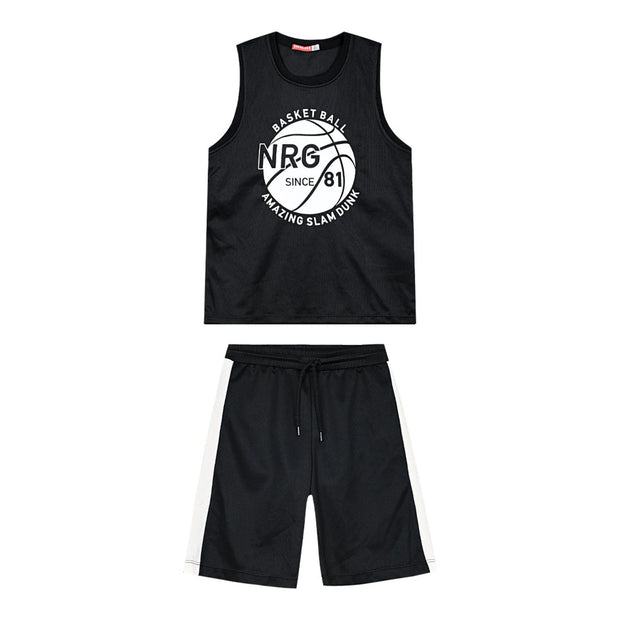 Μαύρο σετ μπλουζιού και σορτς αμάνικου με λευκή στάμπα και λευκές λεπτομέρειες