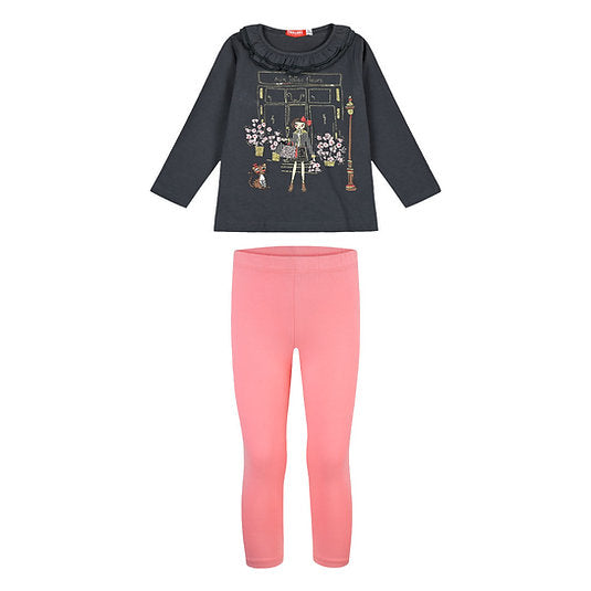 Σετ μαύρο μπλουζάκι με σχέδιο βιτρίνας και ροζ κολάν για κορίτσια.