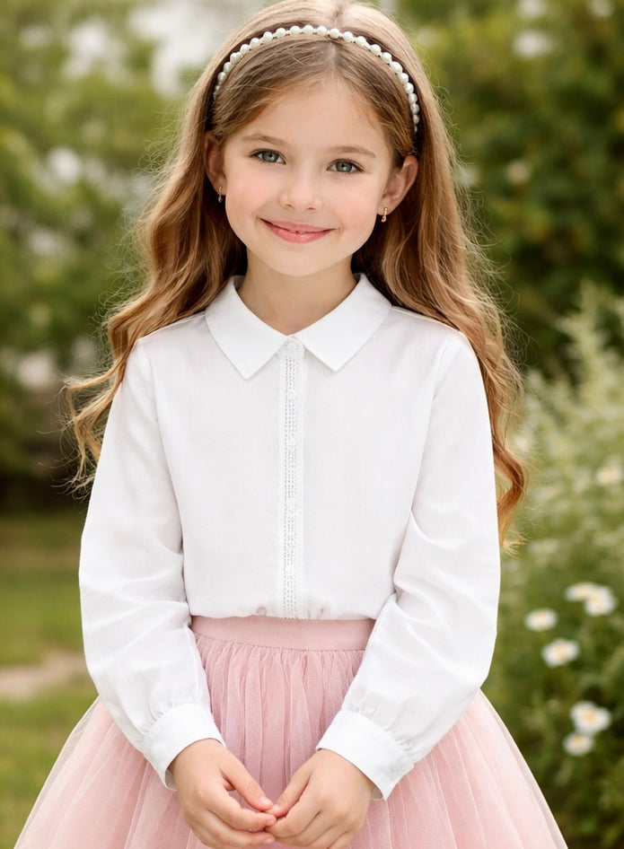 Παιδικό λευκό cropped πουκάμισο με στρασ για παρέλαση και σχολική γιορτή