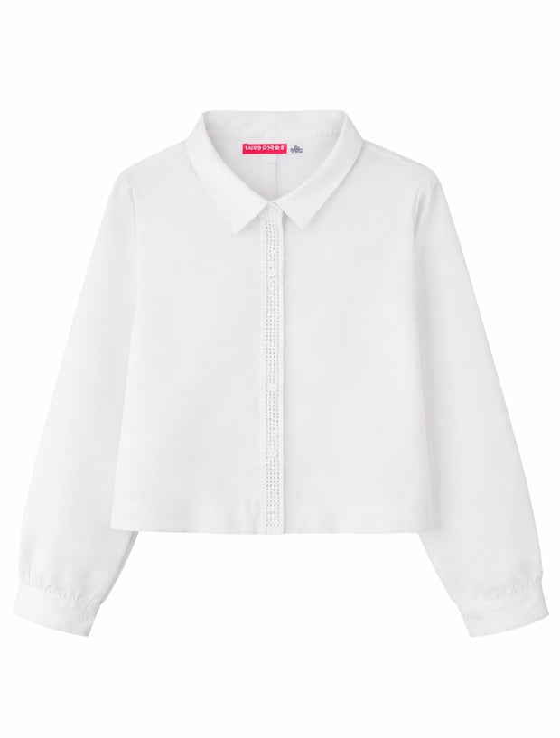 Παιδικό λευκό cropped πουκάμισο με στρασ για παρέλαση και σχολική γιορτή