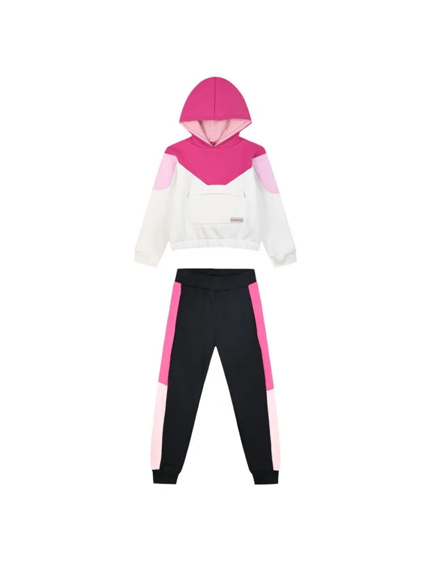 Energiers Kids Tracksuit Set - White Sweatshirt and Black Pants with Pink Details