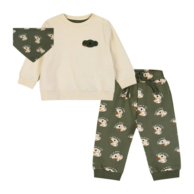 Σετ βρεφικών ρούχων για αγόρι που περιλαμβάνει εκρού φούτερ με σχέδιο κοάλα, πράσινο παντελόνι με μοτίβο κοάλα και ταιριαστό σαλιάρα. Άνετο και ιδανικό για καθημερινές εμφανίσεις με παιχνιδιάρικο στυλ