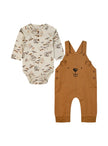 Σετ βρεφικών ρούχων για αγόρι που περιλαμβάνει εκρού κορμάκι με σχέδιο ζώων του δάσους και καφέ σαλοπέτα με χαριτωμένο πρόσωπο ζώου. Ιδανικό για άνετες και παιχνιδιάρικες εμφανίσεις