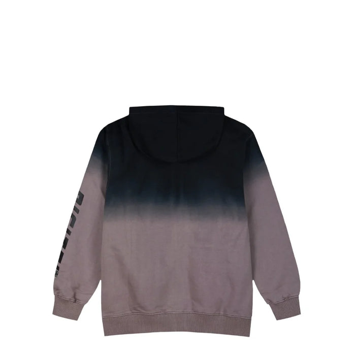 Παιδικό φούτερ με κουκούλα και φερμουάρ, σε σχέδιο ντεγκραντέ μαύρου και γκρι χρώματος, με τυπωμένο κείμενο στο μανίκι, ιδανικό για μοντέρνες και casual εμφανίσεις για αγόρι 