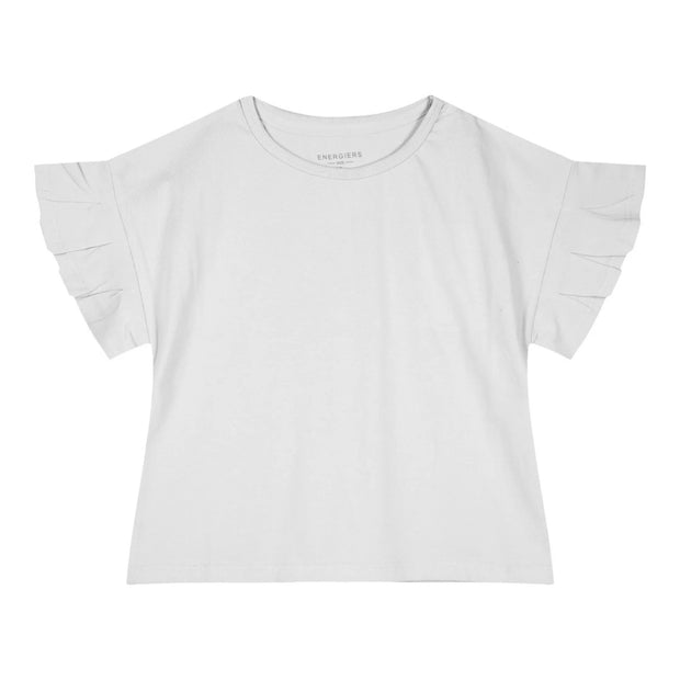 Παιδική λευκή κοντομάνικη μπλούζα με διακοσμητικά βολάν στα μανίκια. Απλή και κομψή επιλογή για casual εμφανίσεις.