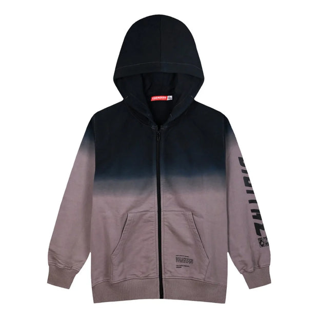 Παιδικό φούτερ με κουκούλα και φερμουάρ, σε σχέδιο ντεγκραντέ μαύρου και γκρι χρώματος, με τυπωμένο κείμενο στο μανίκι, ιδανικό για μοντέρνες και casual εμφανίσεις για αγόρι 