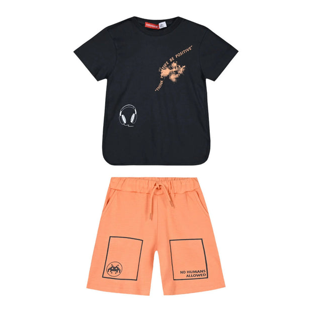 Energiers Kids Set - Black T-Shirt with Prints &amp; Orange Bermuda Shorts