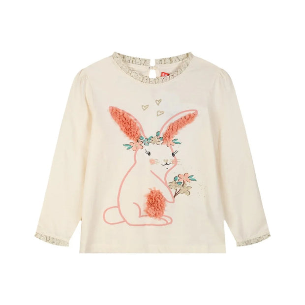 Μακρυμάνικη παιδική μπλούζα σε εκρού χρώμα με σχέδιο χαριτωμένου λαγού, διακοσμητικές λεπτομέρειες από λουλούδια και δαντέλα, ιδανική για κομψές και παιχνιδιάρικες εμφανίσεις για κορίτσι 